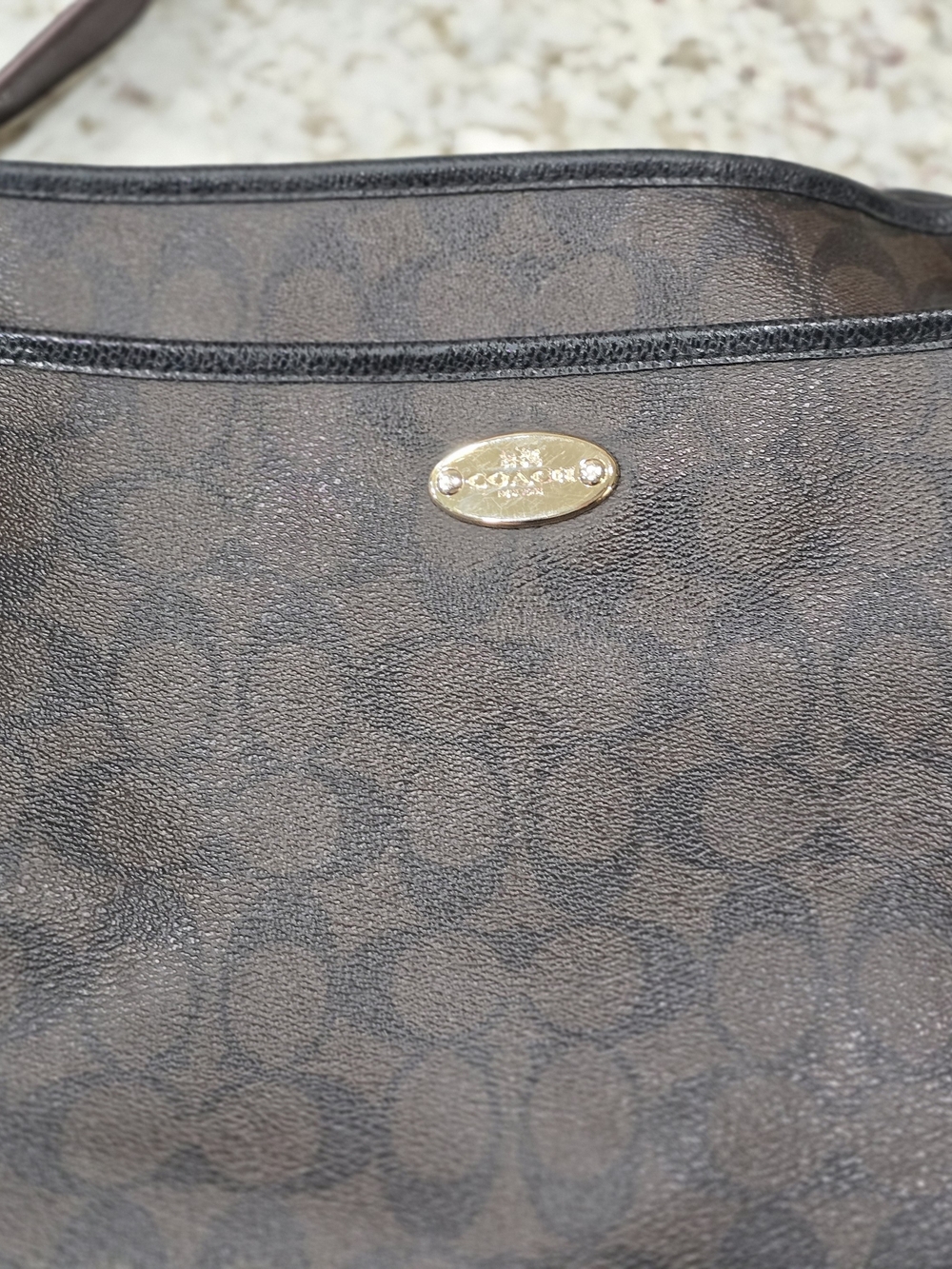Coach Dark Brown Signature Canvas Tote with Gold Plate
